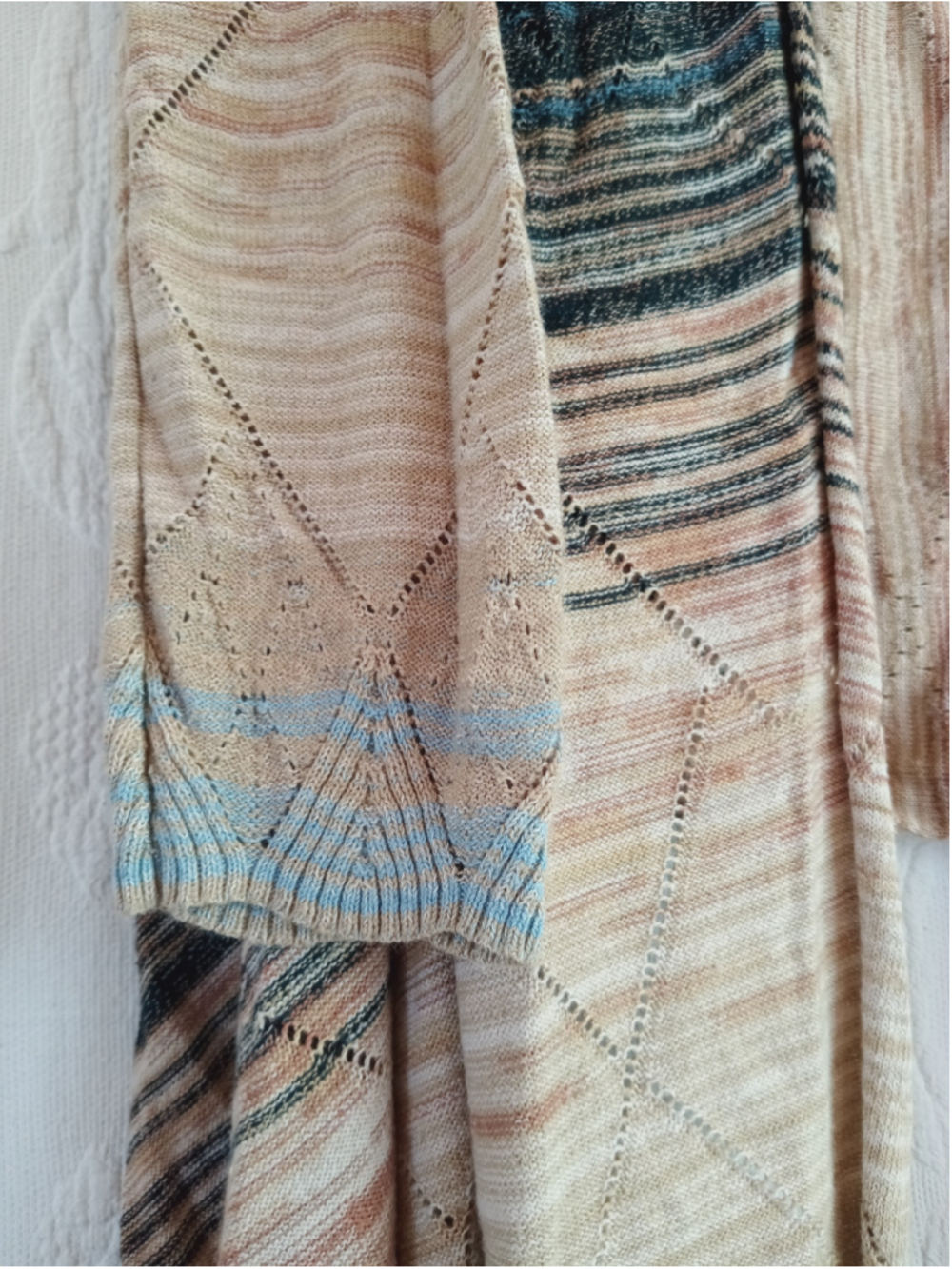 Pointelle Open Front waterfall Cardigan Beige Blue Striped knit sweater diamond - Picture 4 of 10